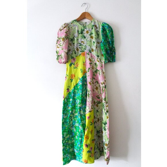 ALÉMAIS Kenzie Patchwork Printed Linen Midi Dress / Size 4 / Multi Floral - Picture 3 of 6